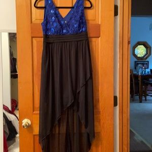 Size large high low dress with blue top and black bottom
